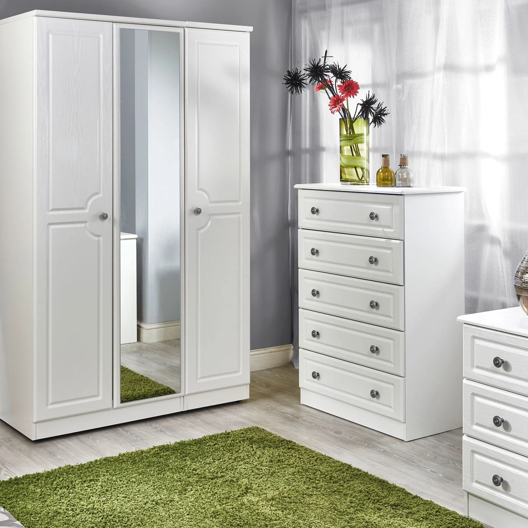 Ashford - Mirrored Combi Wardrobe In White Wood Grain Effect