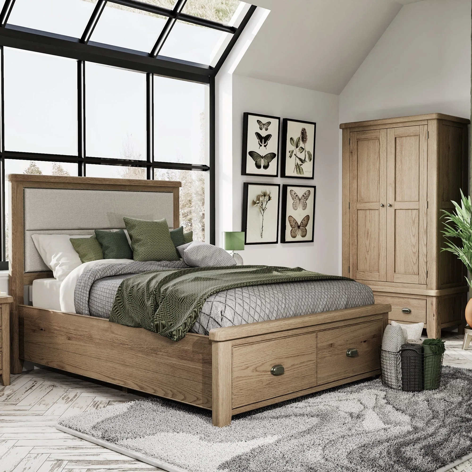 Farringdon - Fabric Headboard Bed Frame In Oak Finish
