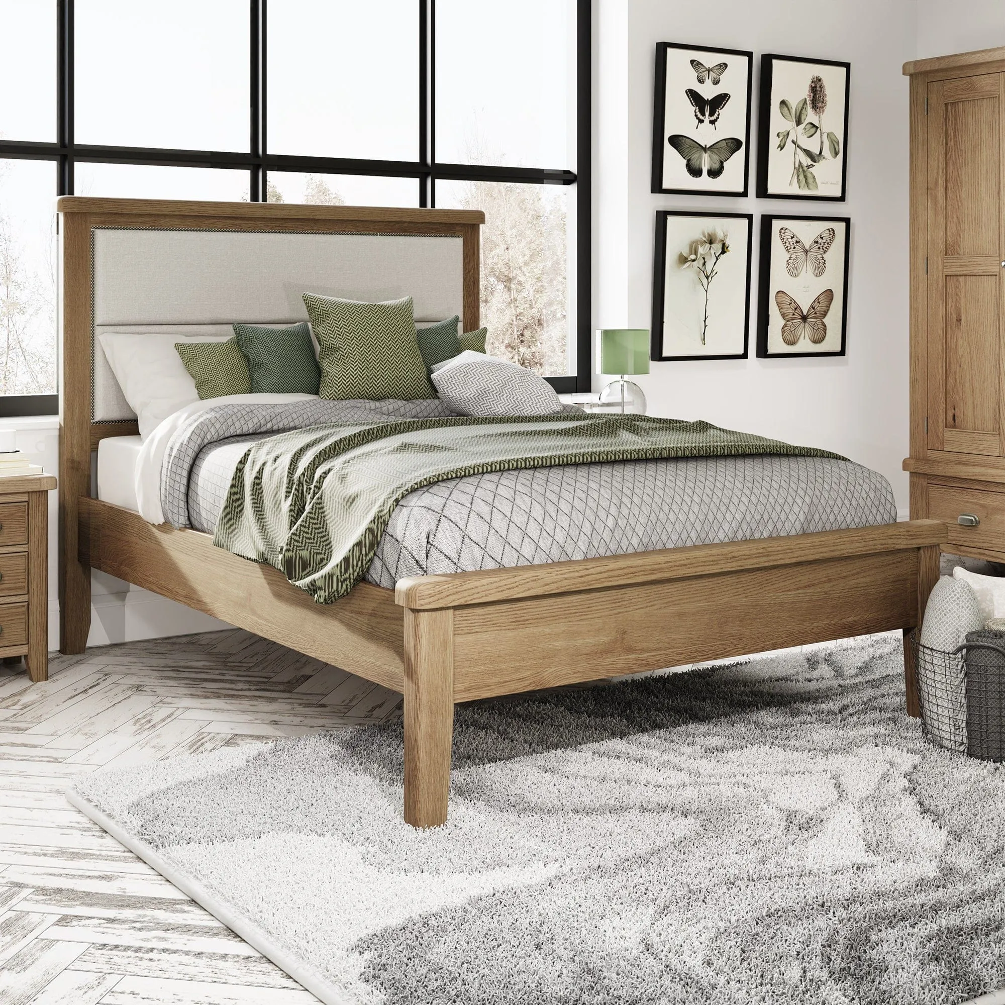 Farringdon - Fabric Headboard Bed Frame In Oak Finish