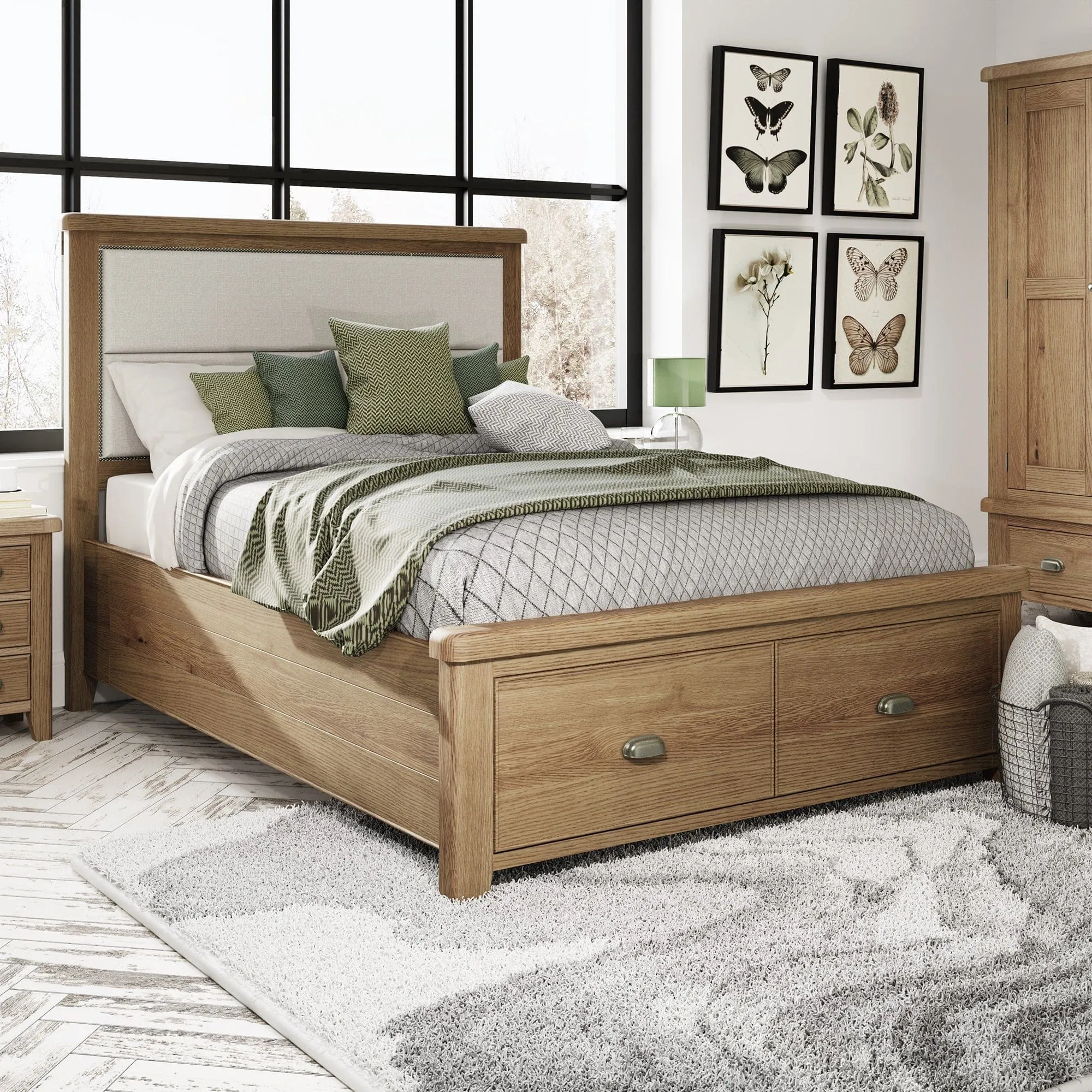 Farringdon - Fabric Headboard Bed Frame In Oak Finish