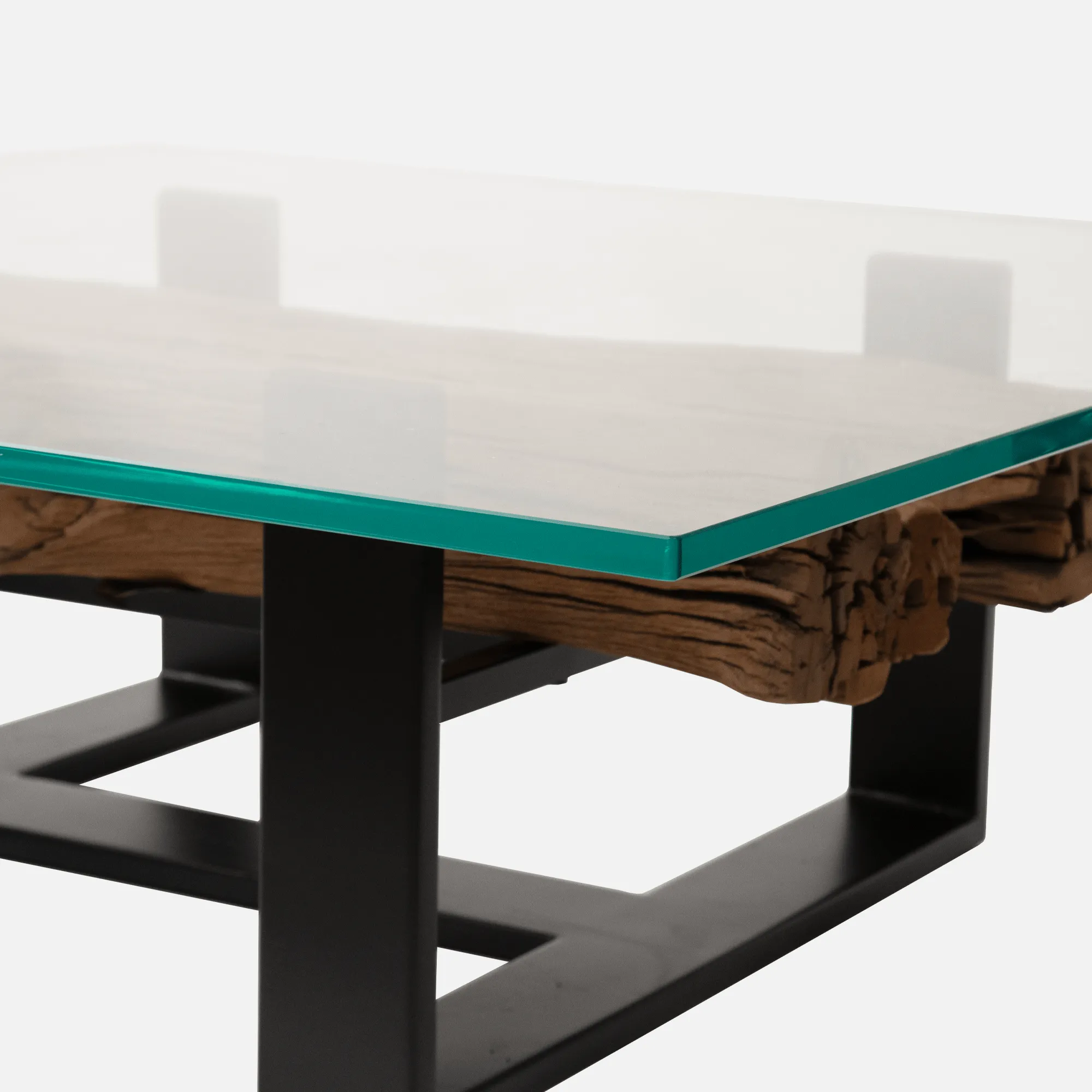 Lampu - 120cm Square Coffee Table With Reclaimed Railway Sleeper & Glass Top